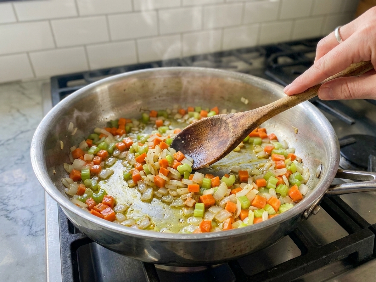 Onion, carrot, and celery sautéing in a deep skillet on a stovetop with a wooden spoon stirring