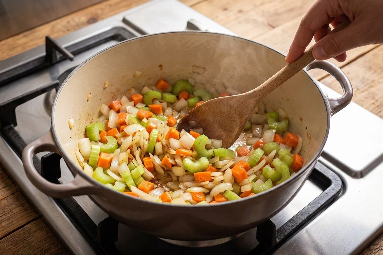 Onion, carrot, and celery sautéing in a large Dutch oven on a stovetop, with a wooden spoon stirring