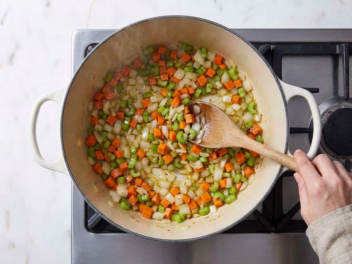 Onion, carrot, and celery sautéing in a large Dutch oven on a stovetop with a wooden spoon stirring