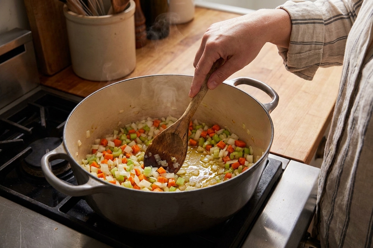 Onion, carrot, and celery sautéing in a large pot on a stovetop with a wooden spoon stirring, warm kitchen lighting