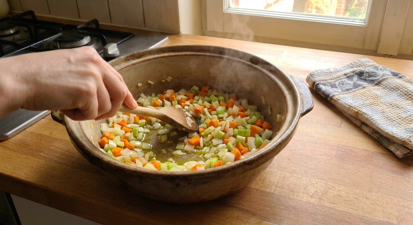 Onion, carrot, and celery sautéing in a large pot on a stovetop with a wooden spoon