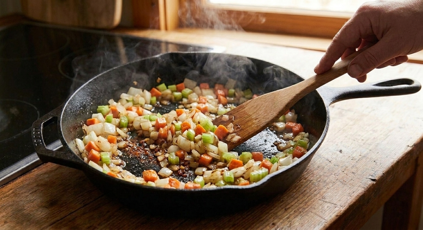 Onion, carrot, and celery sautéing in a skillet with browned bits on the bottom