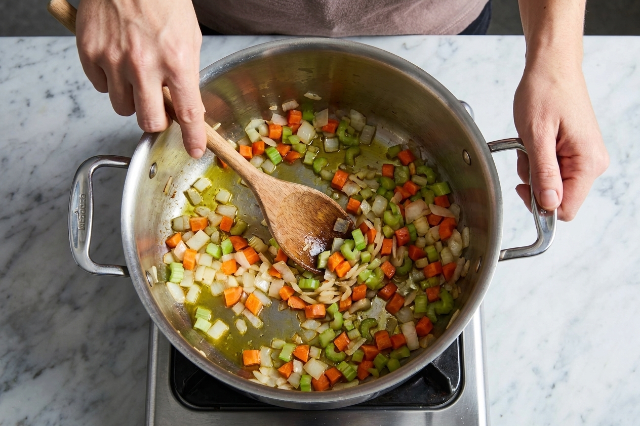 Onion, carrot, and celery sautéing in olive oil in a large pot, stirred with a wooden spoon