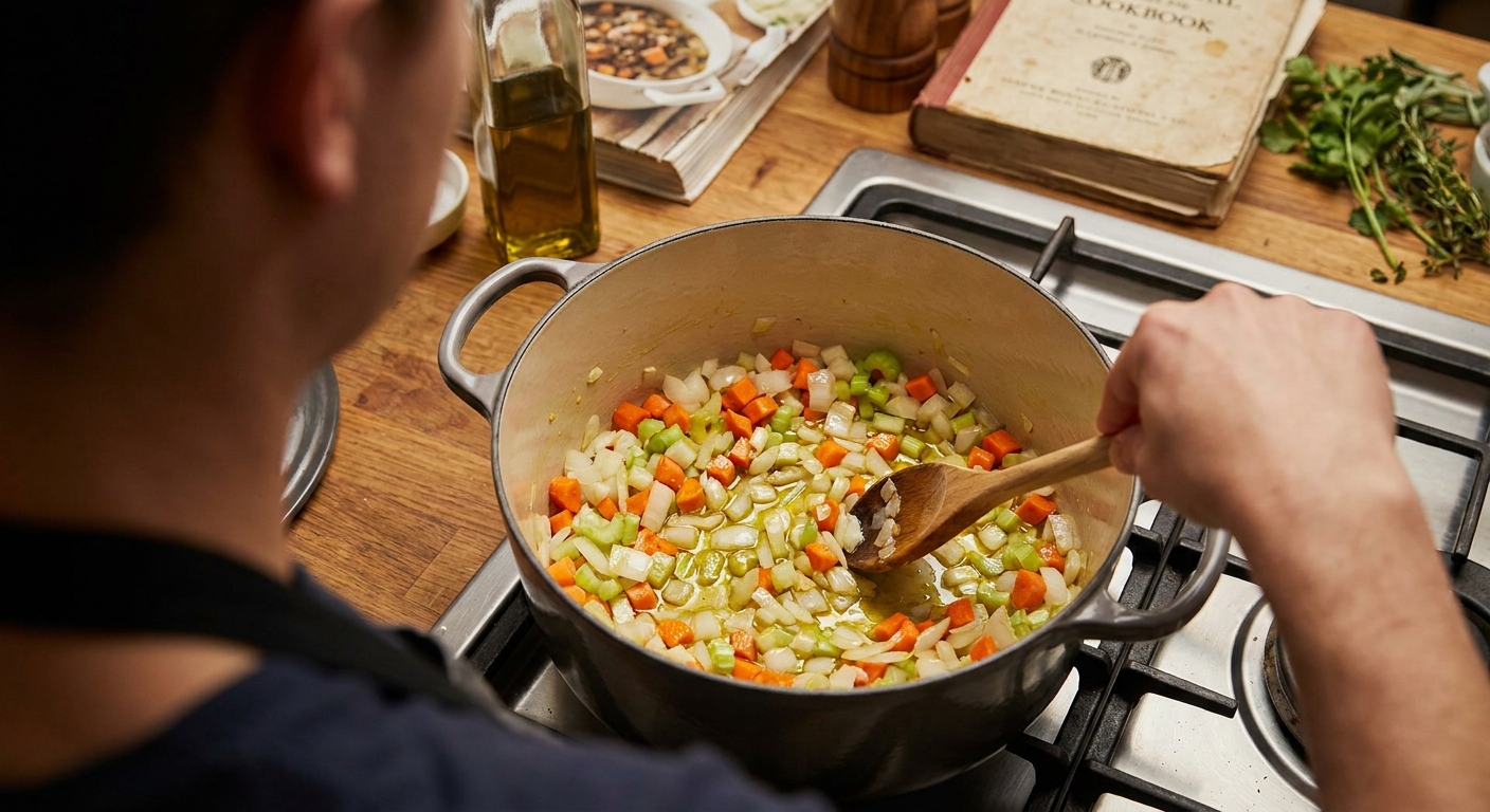 Onion, carrot, and celery sautéing in olive oil in a Dutch oven on a stovetop, turning glossy and softened
