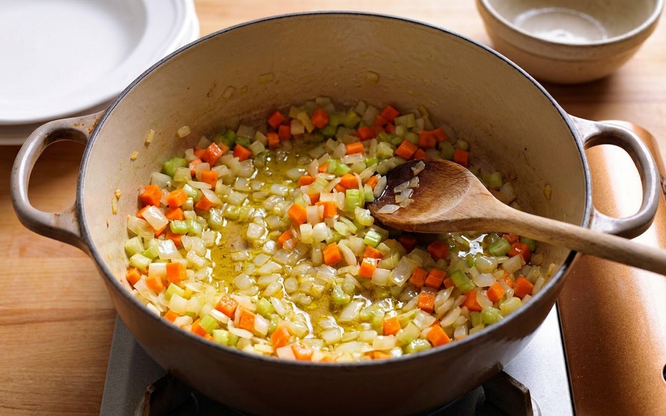 Onion, carrot, and celery sweating in olive oil in a Dutch oven, lightly golden and glossy