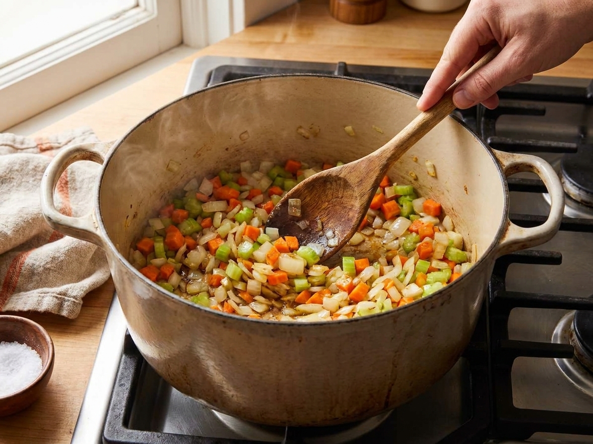 Onion, carrots, and celery sautéing in a Dutch oven on a stovetop with a wooden spoon stirring