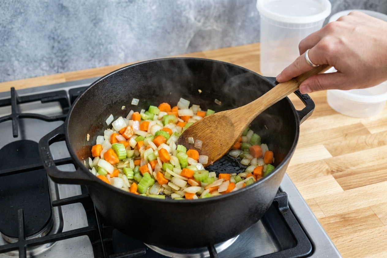 Onion, carrots, and celery sautéing in a Dutch oven on a stovetop with a wooden spoon stirring