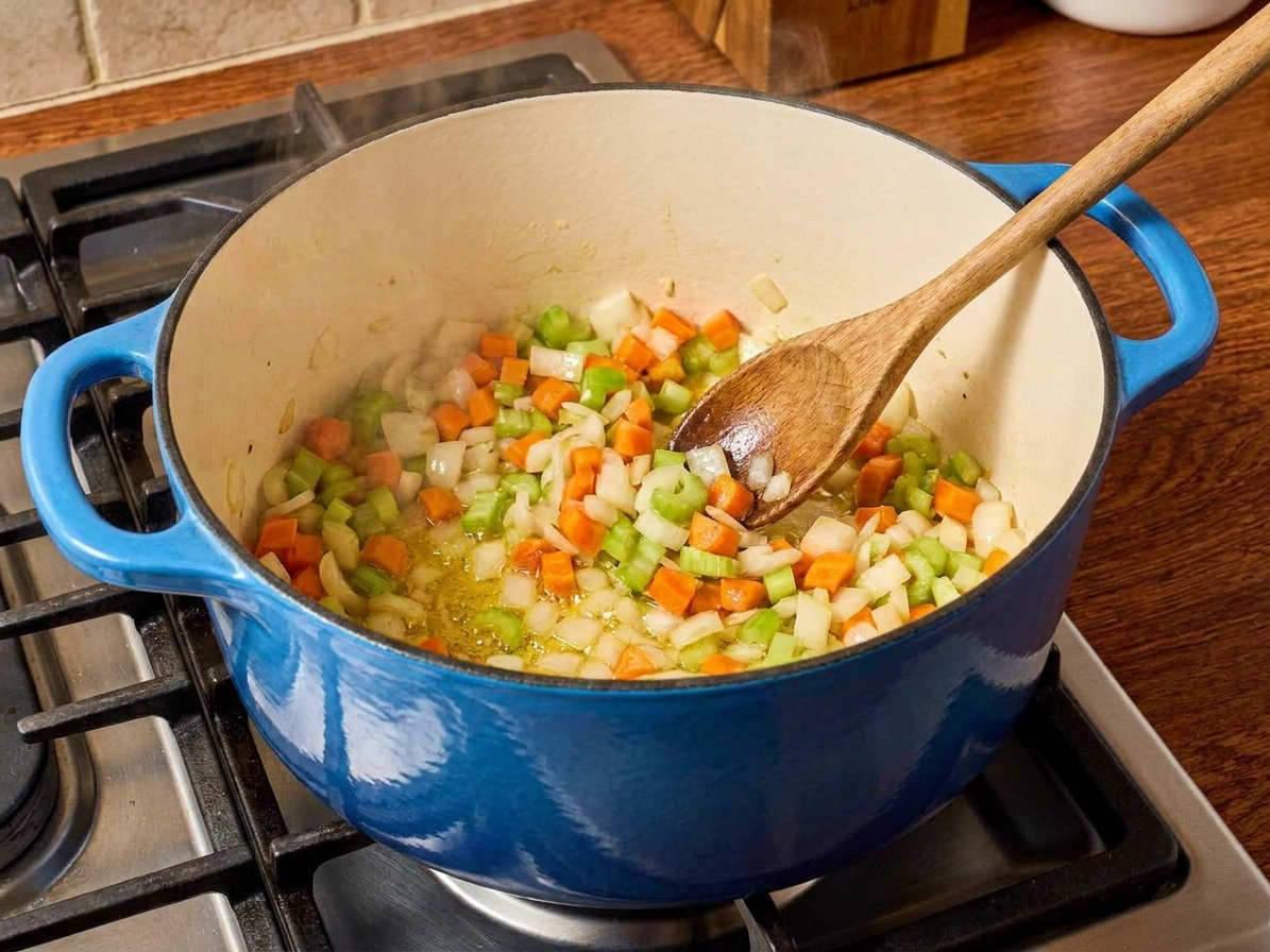 Onion, carrots, and celery sautéing in a Dutch oven with a wooden spoon on a stovetop