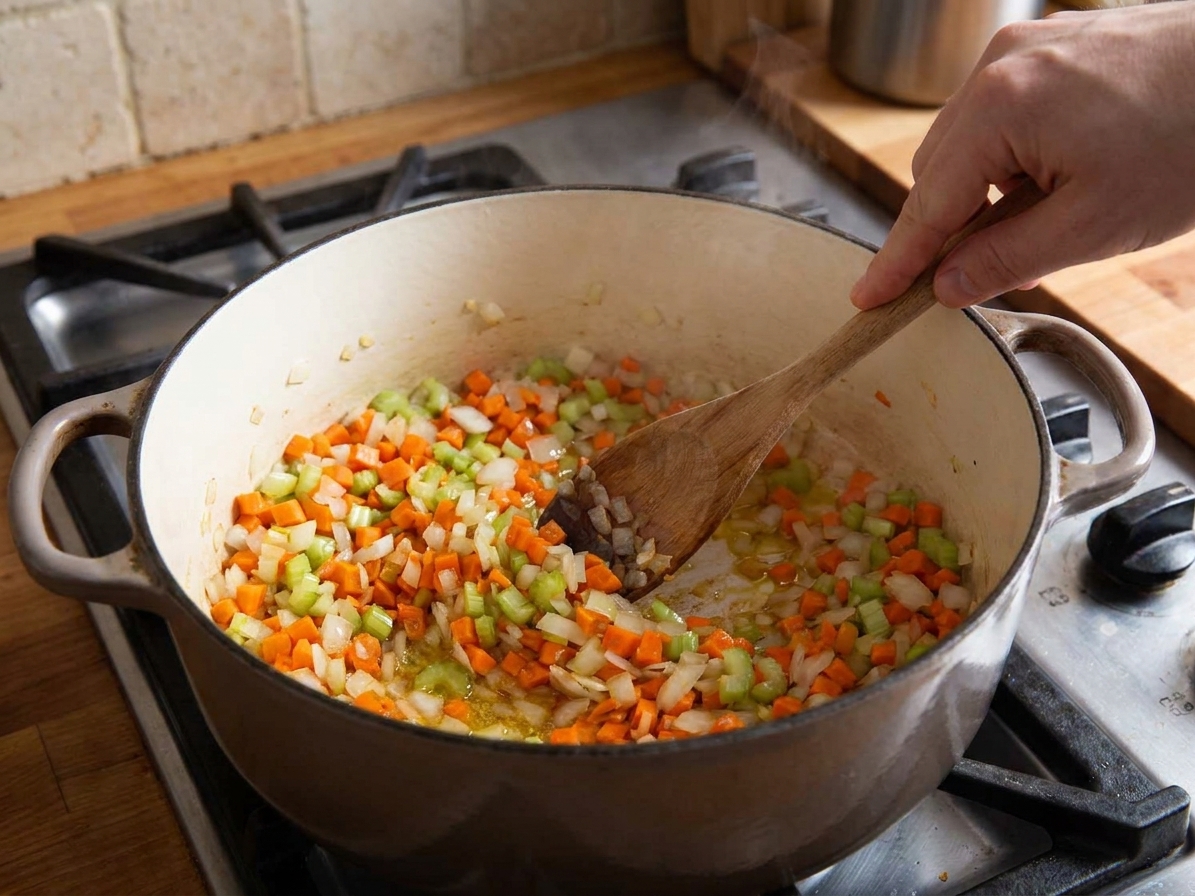 Onion, carrots, and celery sautéing in a large Dutch oven on a stovetop with a wooden spoon stirring