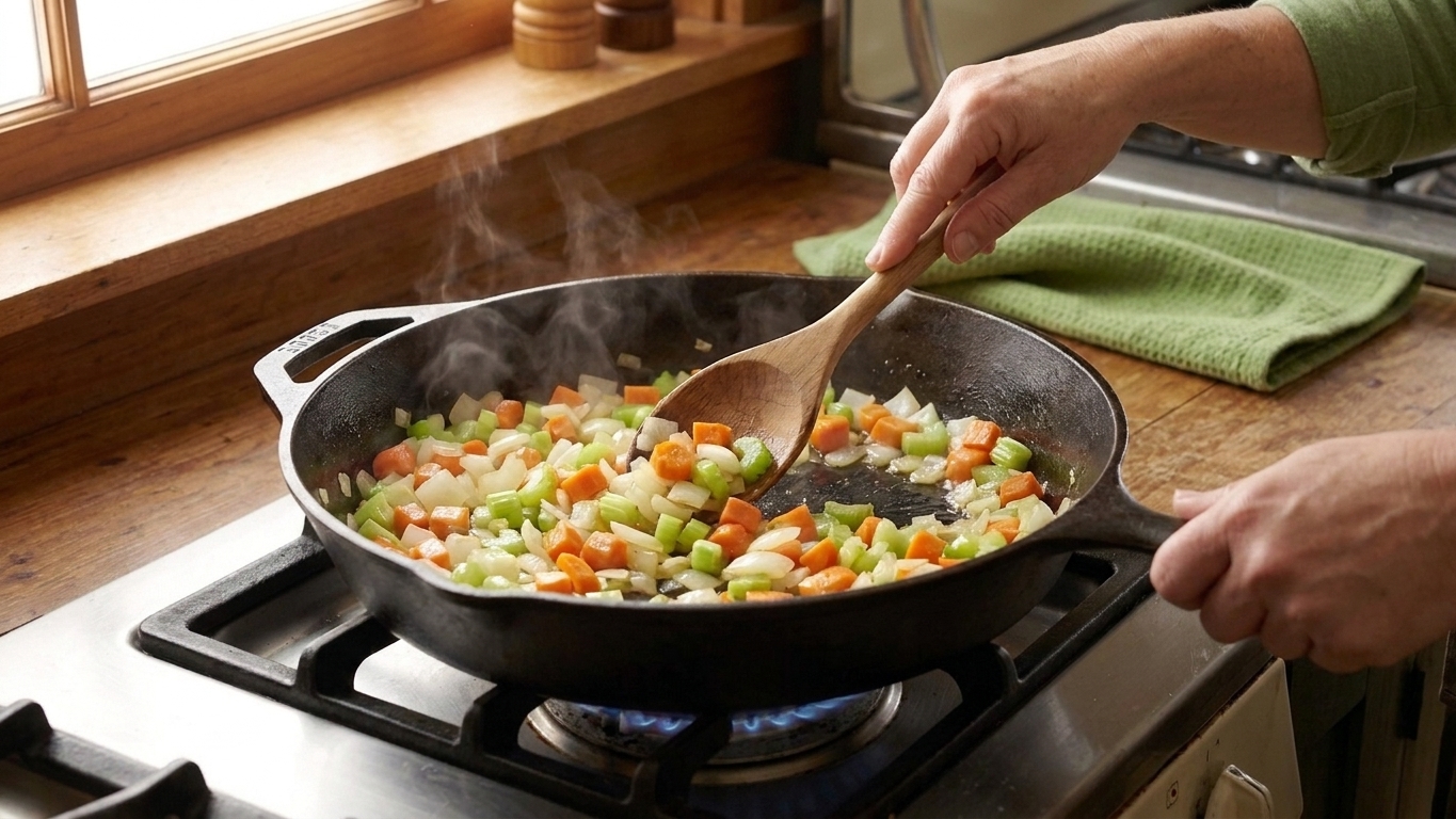 Onion, carrots, and celery sautéing in a large skillet on a stovetop, with a wooden spoon stirring
