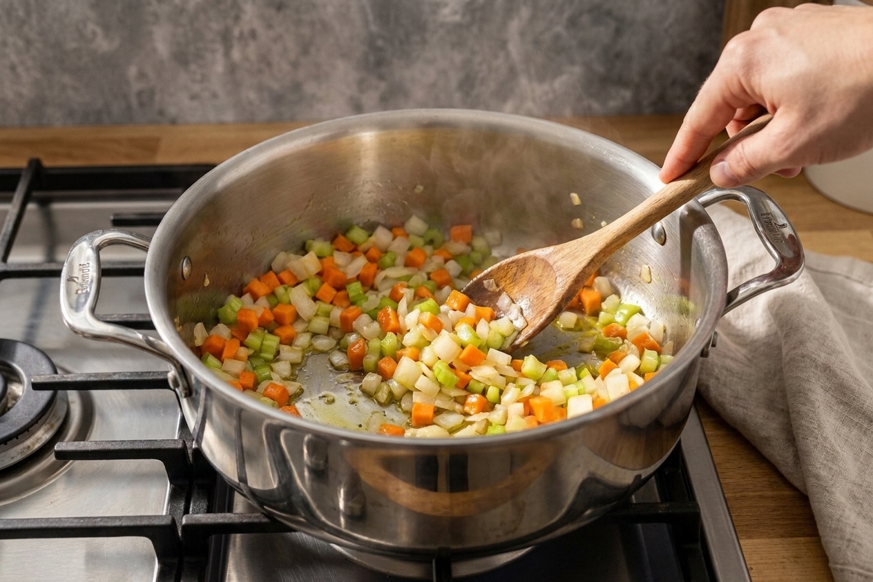 Onion, carrots, and celery sautéing in a large soup pot on a stovetop, lightly glossy and beginning to soften