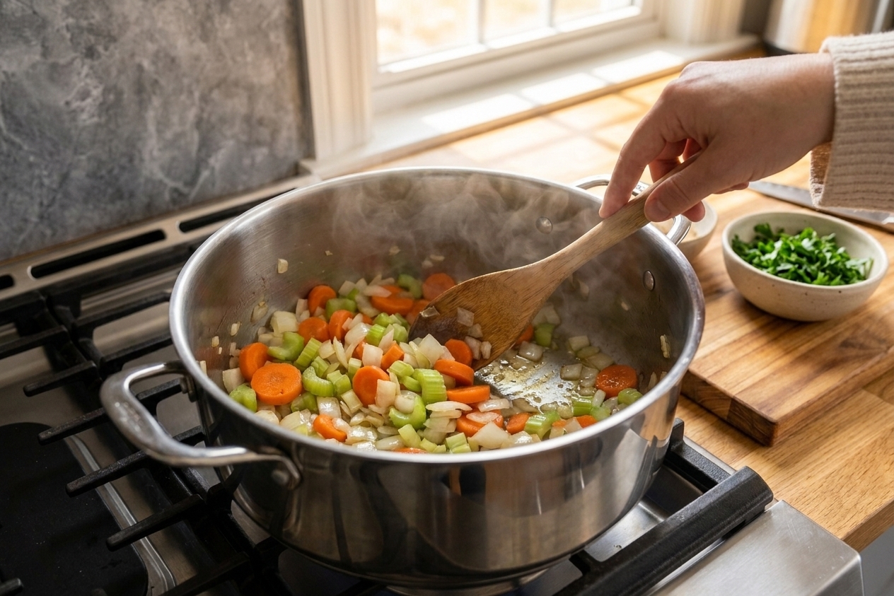 Onion, carrots, and celery sautéing in a large soup pot on a stovetop, wooden spoon stirring