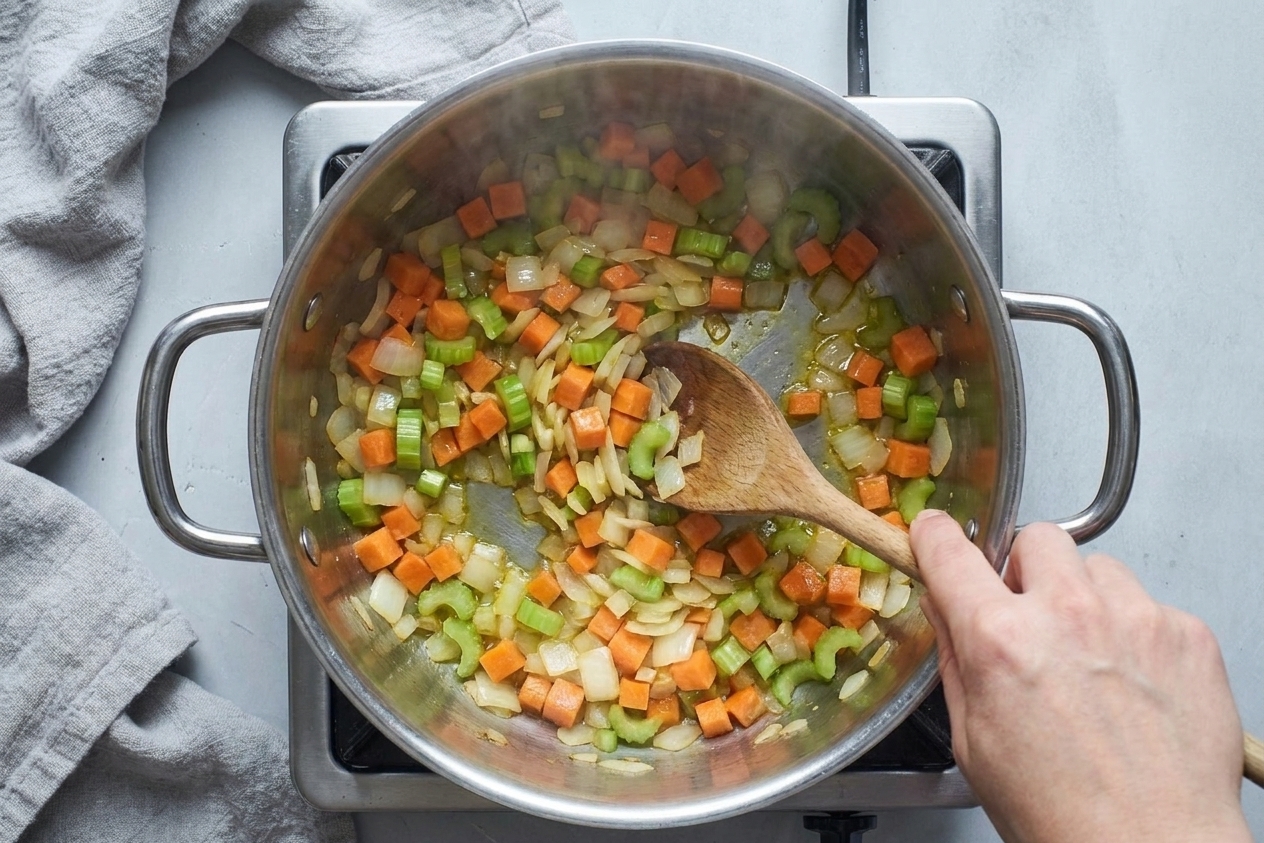 Onion, carrots, and celery sautéing in a pot on a stovetop with a wooden spoon stirring