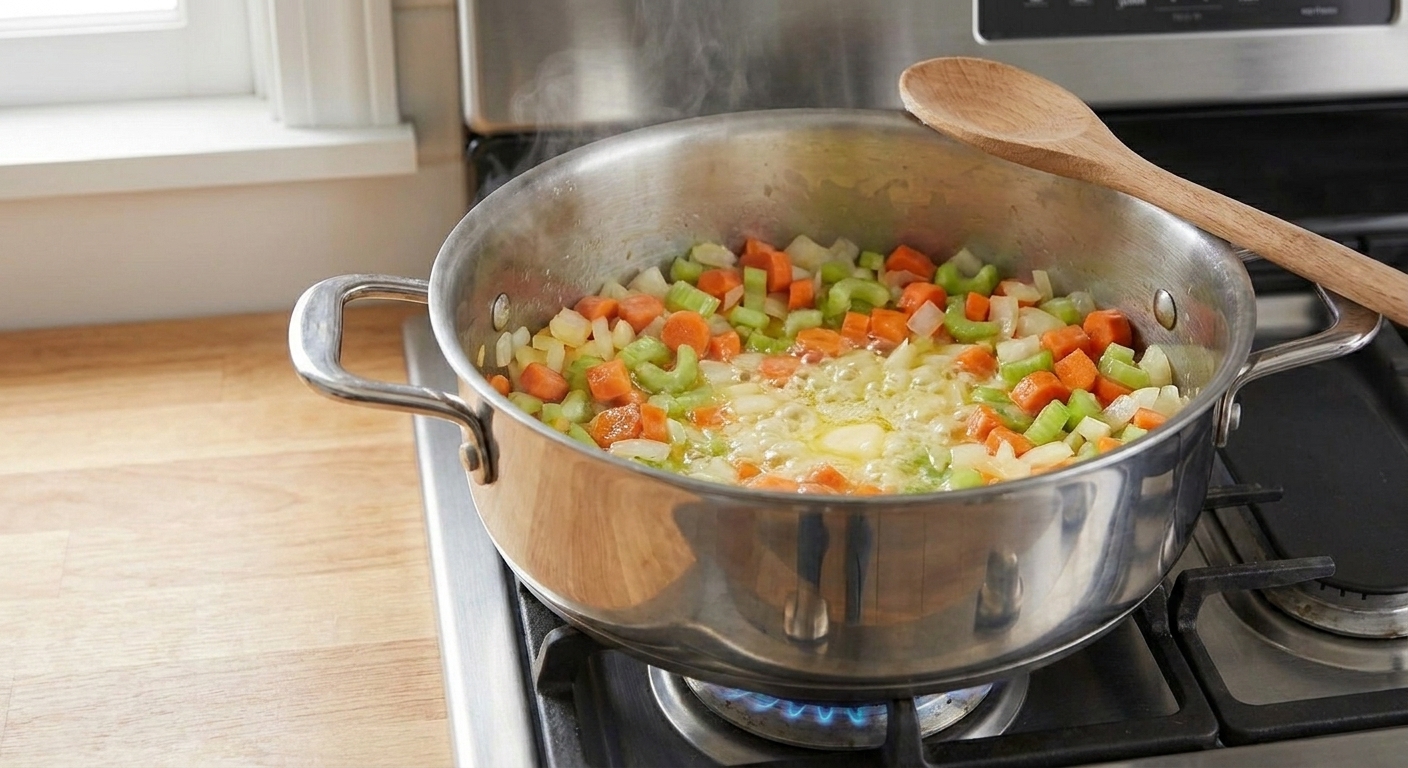 Onion, carrots, and celery sautéing in melted butter in a large pot on a stovetop