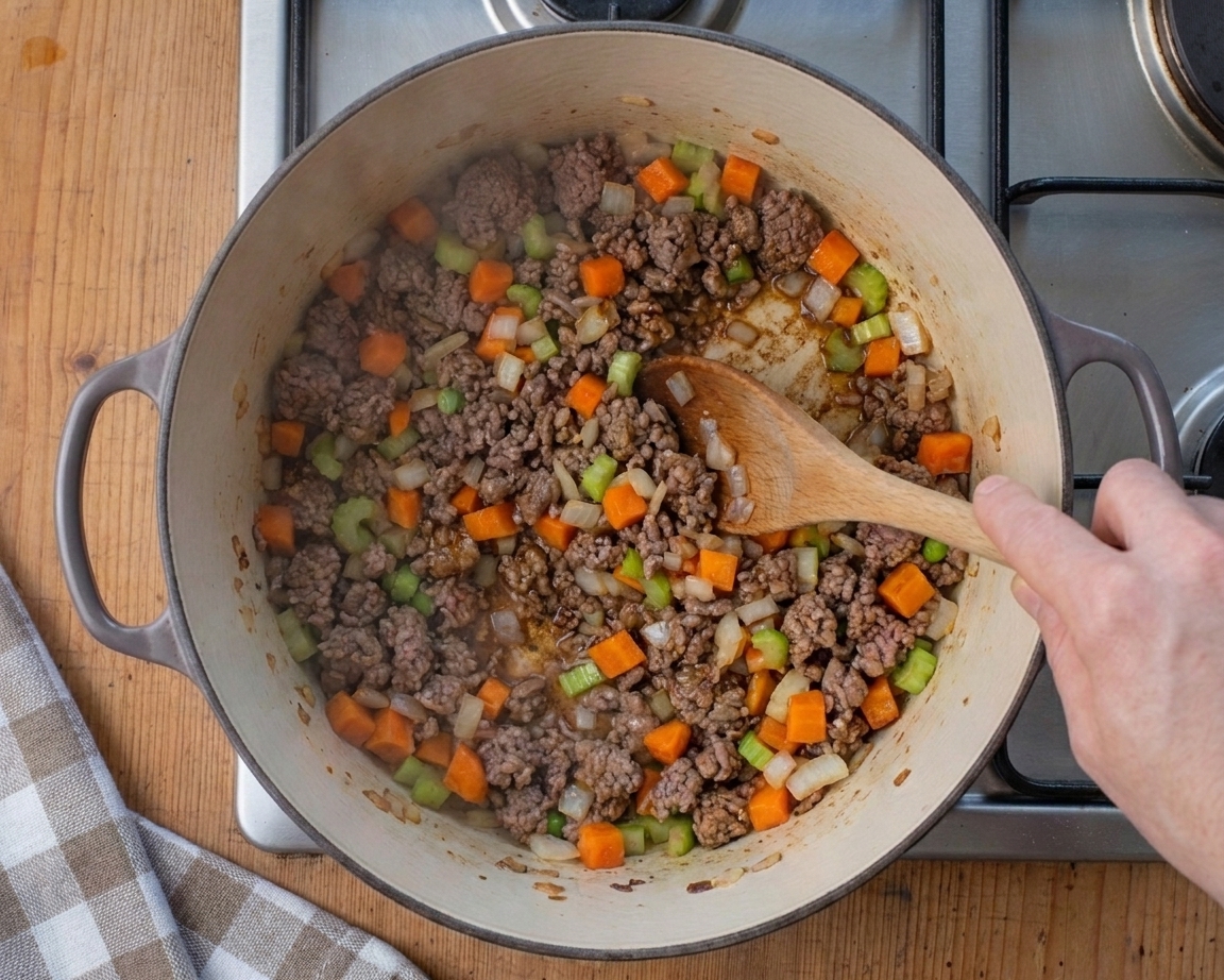 Onion, carrots, and celery sautéing with browned beef in a large pot on a home stove