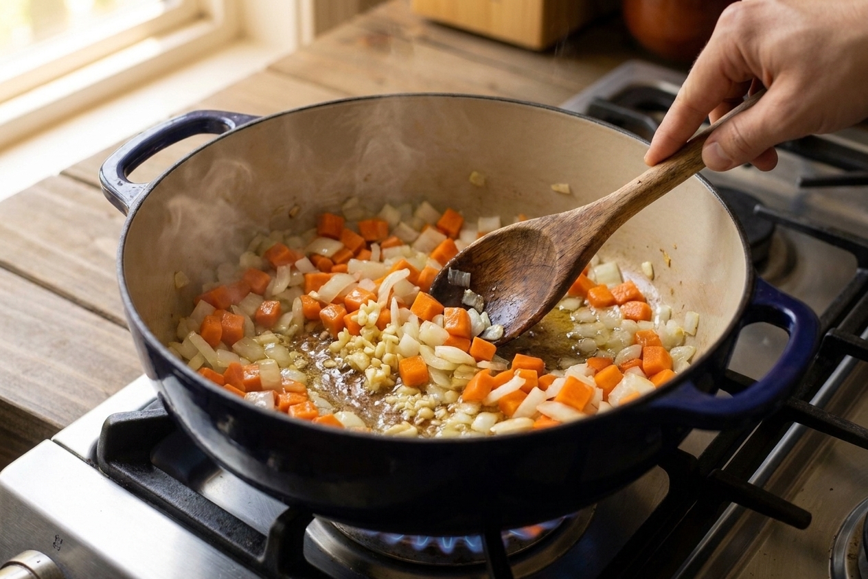 Onion, carrots, and garlic sautéing in a Dutch oven on a stovetop with a wooden spoon stirring