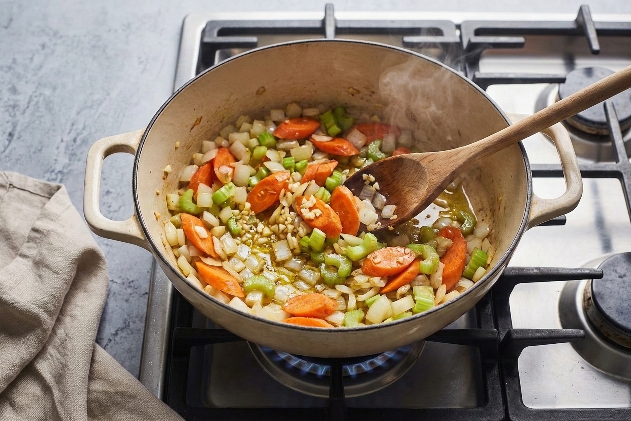Onion, carrots, celery, and garlic sautéing in a Dutch oven on the stove with a wooden spoon