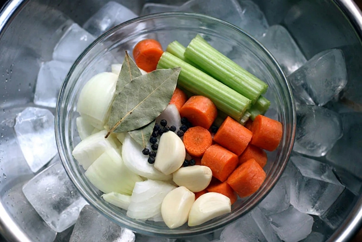 Onion, carrots, celery, garlic, bay leaves, and peppercorns prepped for making broth