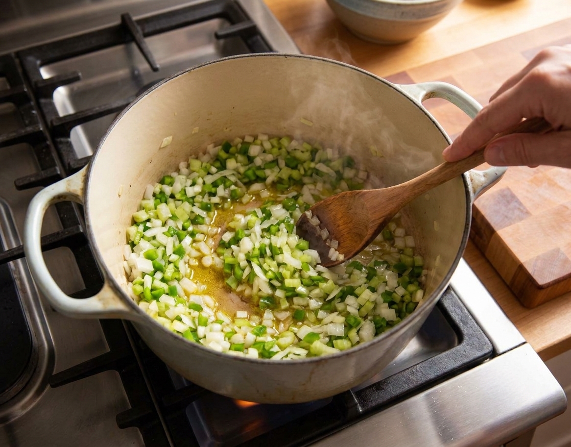 Onion, celery, and bell pepper sautéing in a Dutch oven on a stovetop with a wooden spoon stirring