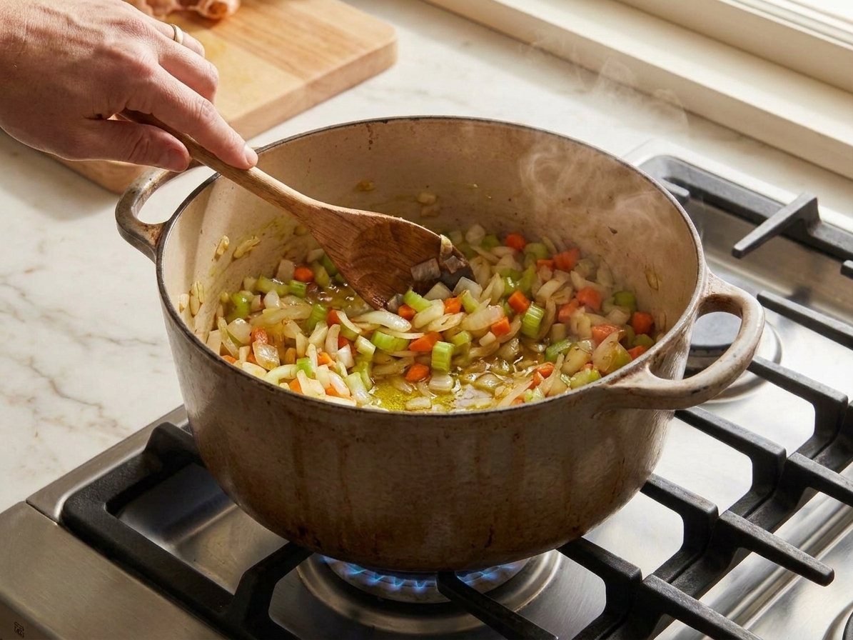 Onion, celery, and carrot sautéing in a Dutch oven until softened and lightly golden