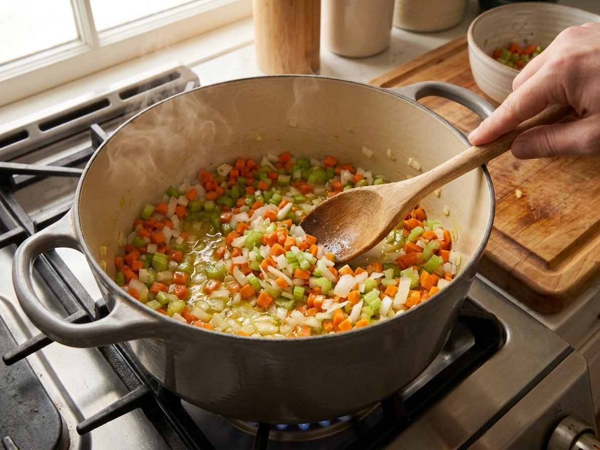 Onion, celery, and carrots sautéing in a Dutch oven on the stove with a wooden spoon stirring
