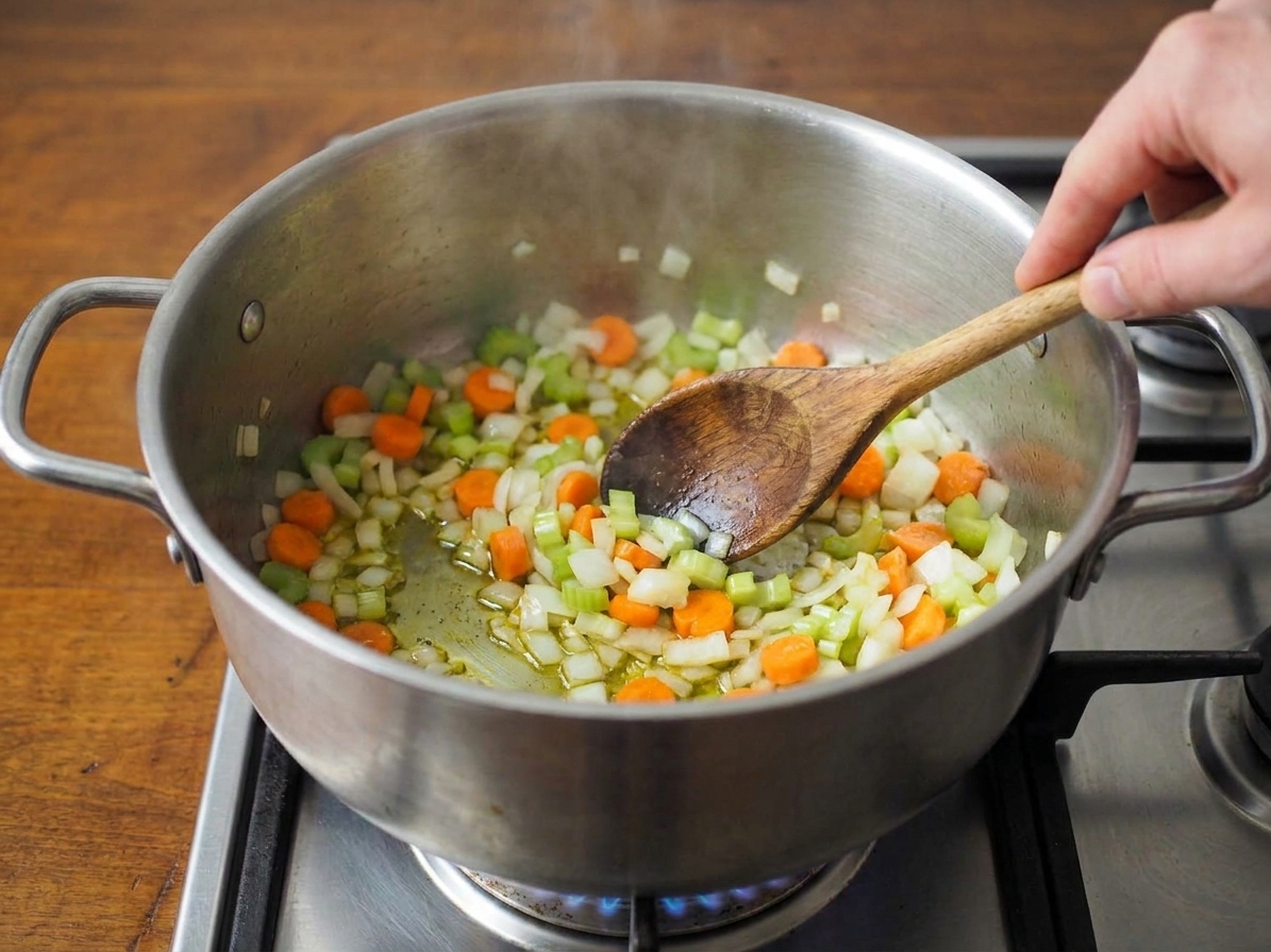 Onion, celery, and carrots sautéing in a large pot on a stovetop with a wooden spoon stirring, warm kitchen lighting