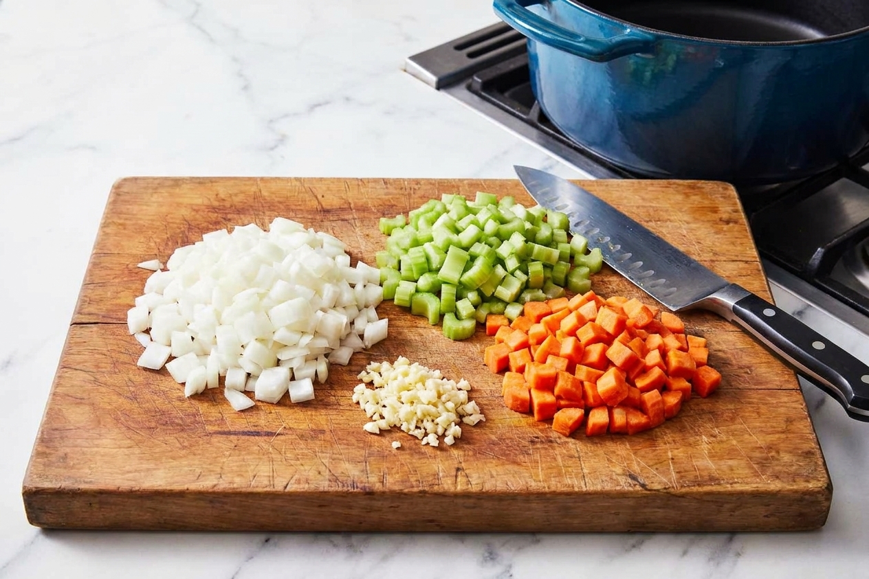 Onion, celery, carrot, and garlic chopped and arranged in small piles on a cutting board in a home kitchen