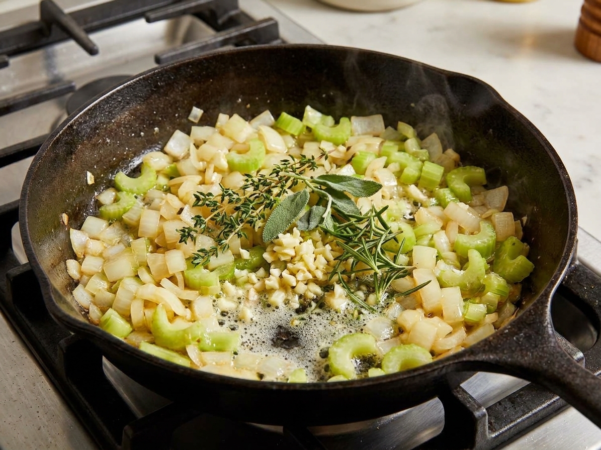 Onion, celery, garlic, and fresh herbs cooking together in a skillet with butter