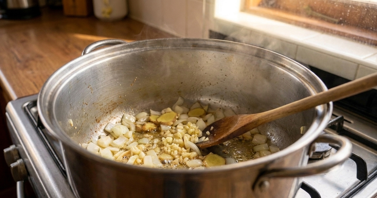 Onion, garlic, and ginger sizzling in a large pot on a stovetop with a wooden spoon stirring