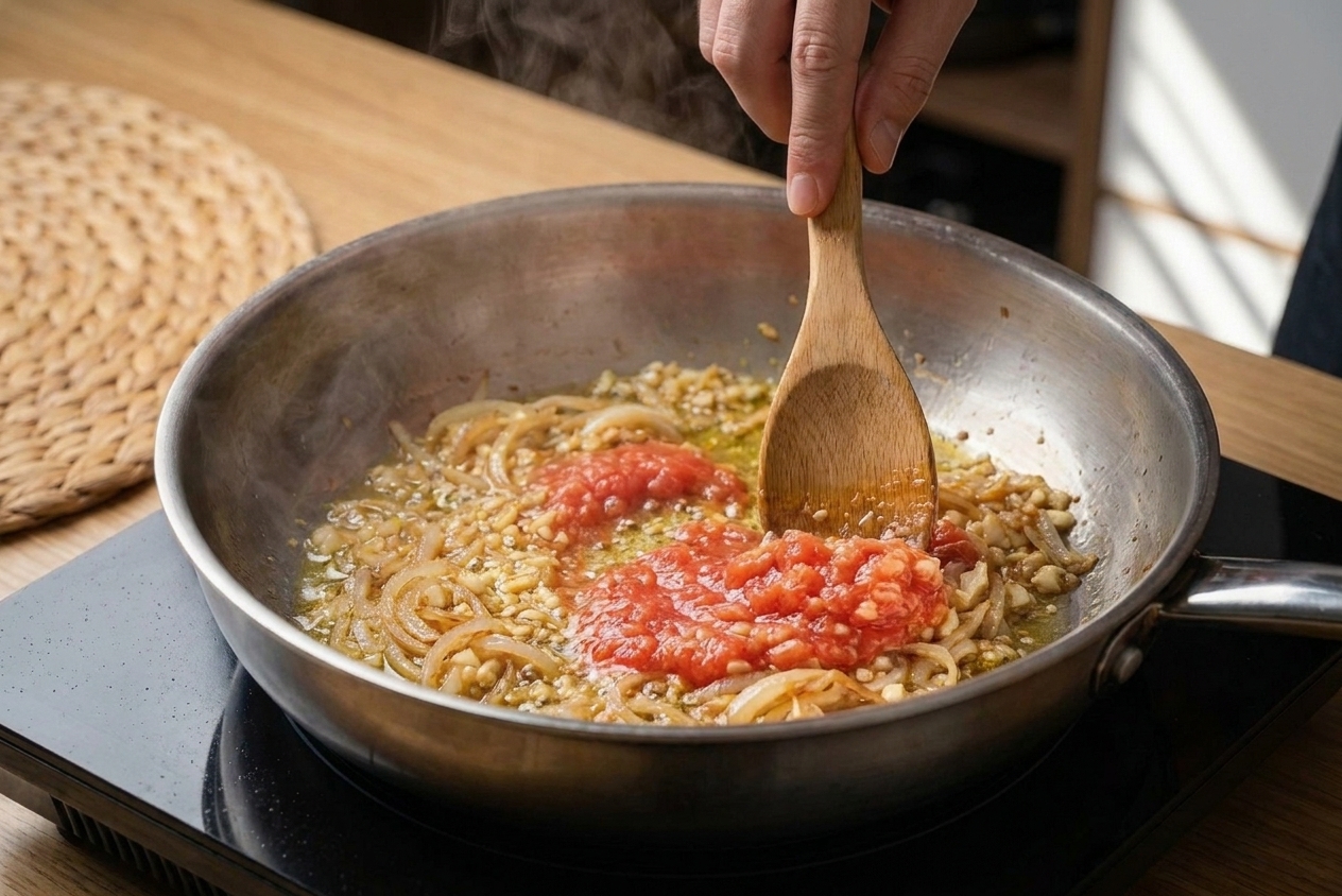 Onion, garlic, and grated tomato sofrito being stirred in a wide shallow pan on a stovetop