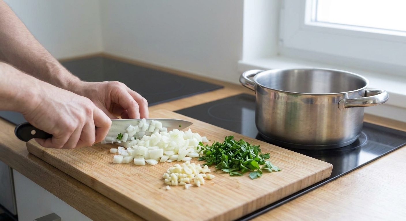 Onion, garlic, and parsley being chopped on a wooden cutting board next to a pot on the stove