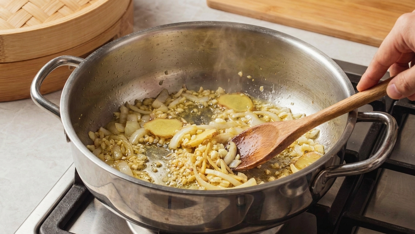 Onion, garlic, and sliced ginger sizzling in a large pot on a stovetop with a wooden spoon stirring