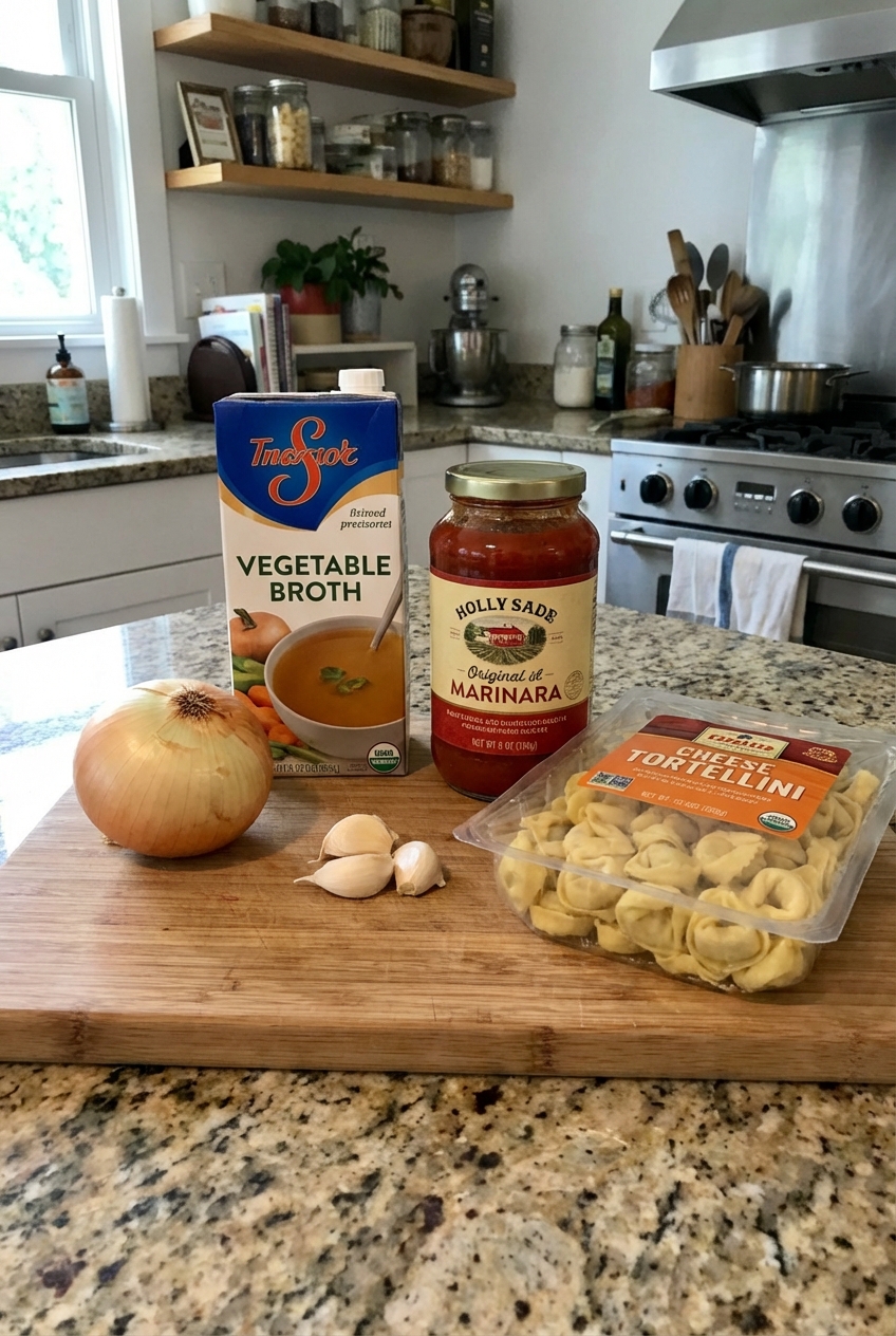 Onion, garlic, broth, marinara, and tortellini ingredients arranged on a kitchen counter