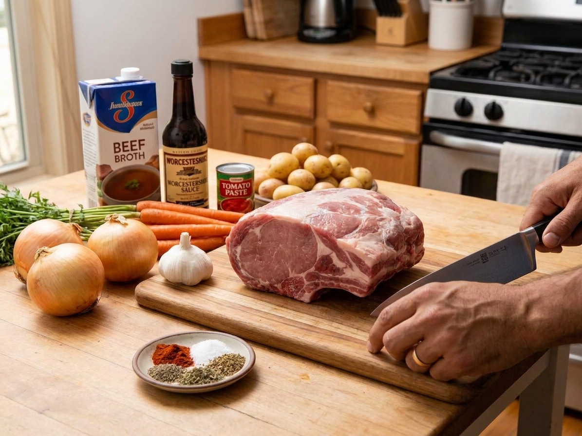 Onion, garlic, carrots, potatoes, broth, Worcestershire, tomato paste, and spices arranged next to a raw pork roast on a kitchen counter
