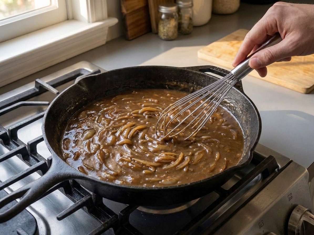 Onion gravy being whisked in a deep skillet, showing a smooth brown sauce with softened onion slices