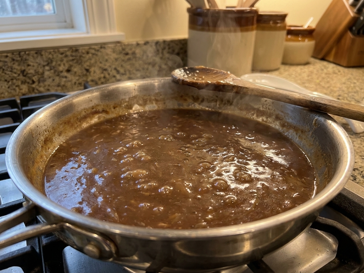 Onion gravy simmering in a stainless steel skillet with a wooden spoon resting on the rim, steam rising in a warmly lit home kitchen