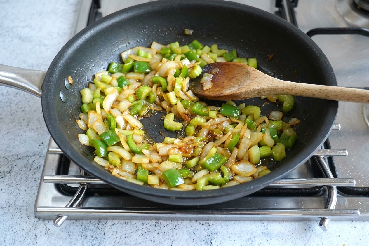 Onion, green bell pepper, and celery sautéing in a large skillet on a stovetop, glossy and softening