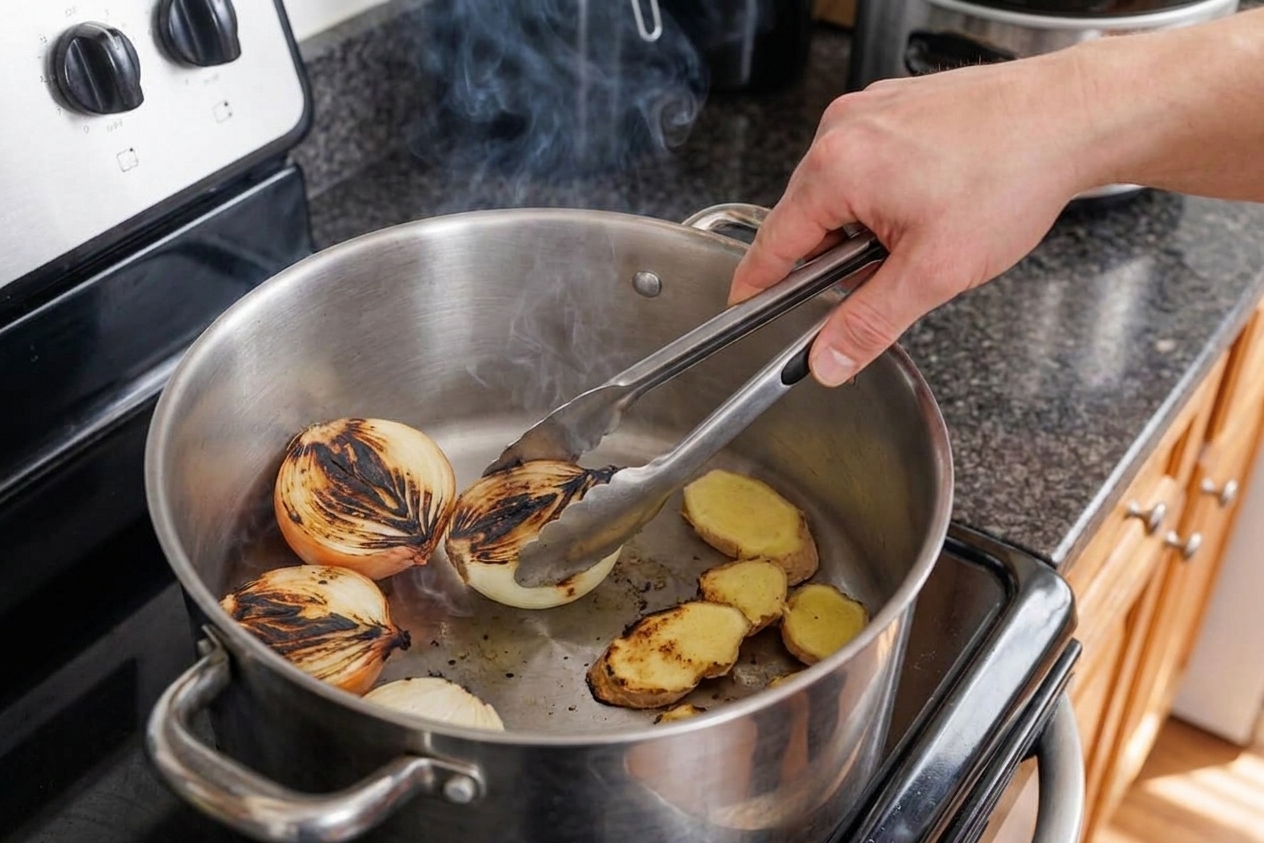 Onion halves and ginger charring cut-side down in a dry pot on a stovetop