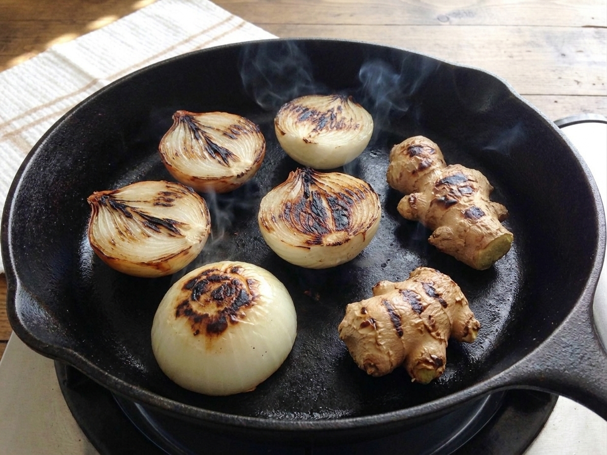 Onion halves and ginger charring cut-side down with dark browned spots forming