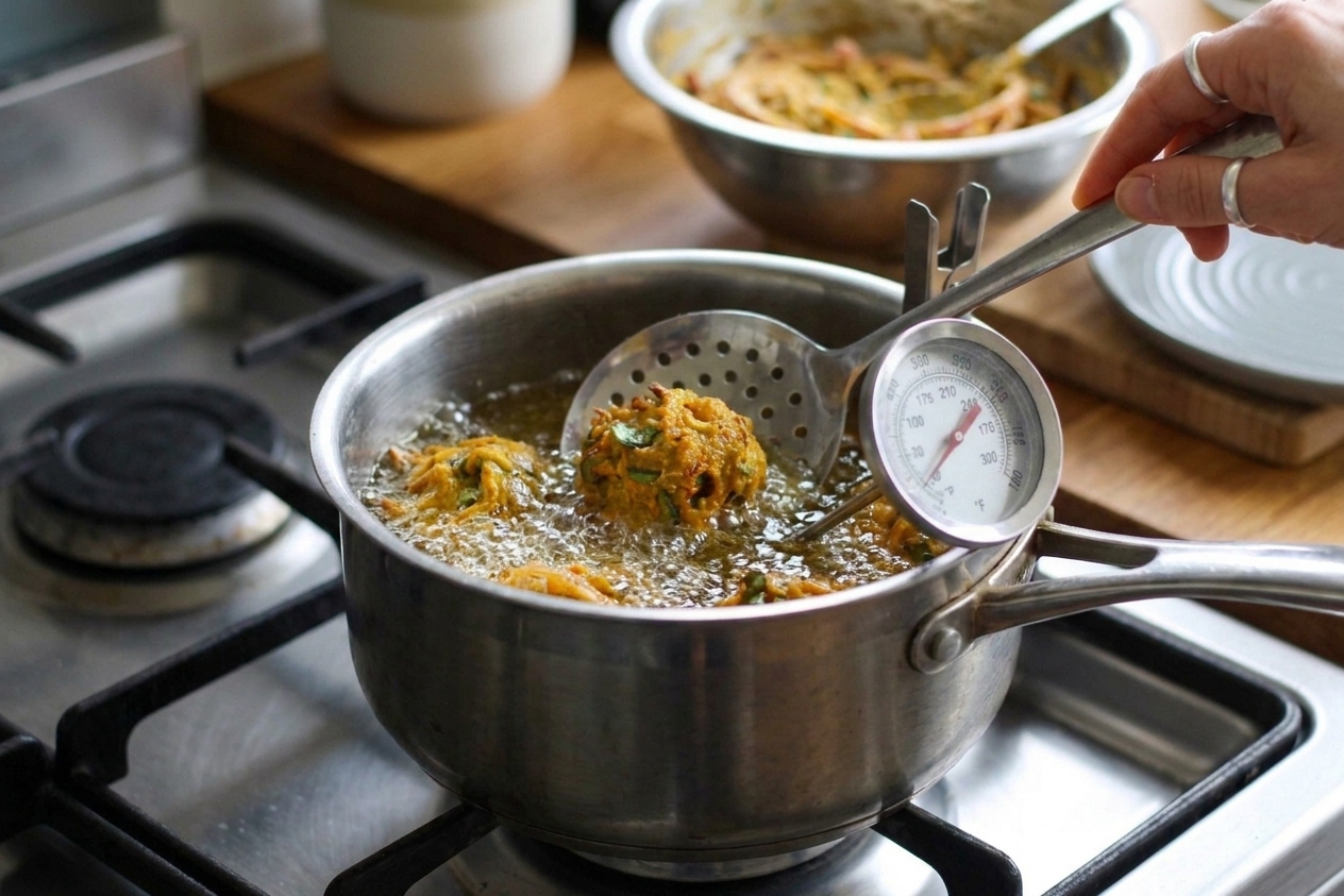 Onion pakora fritters bubbling in hot oil in a deep skillet on a stovetop as they turn golden