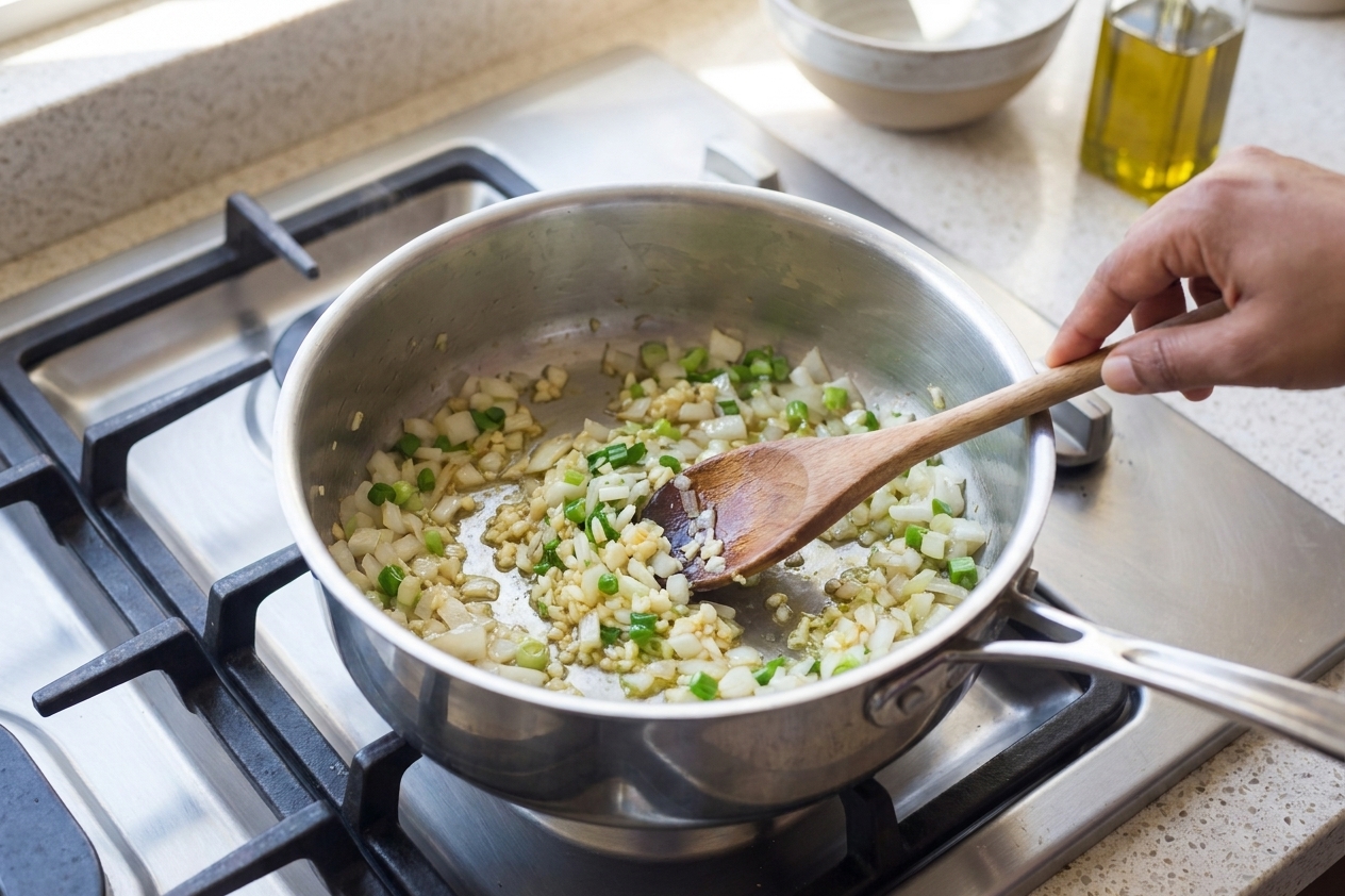 Onion, scallions, and garlic sautéing in a saucepan on a stovetop, with a wooden spoon stirring