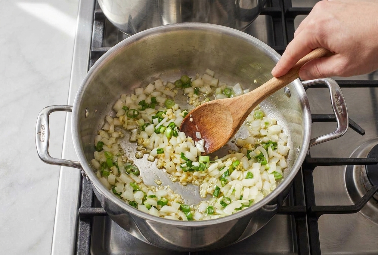 Onion, scallions, and minced garlic sautéing in a pot on a stovetop with a wooden spoon