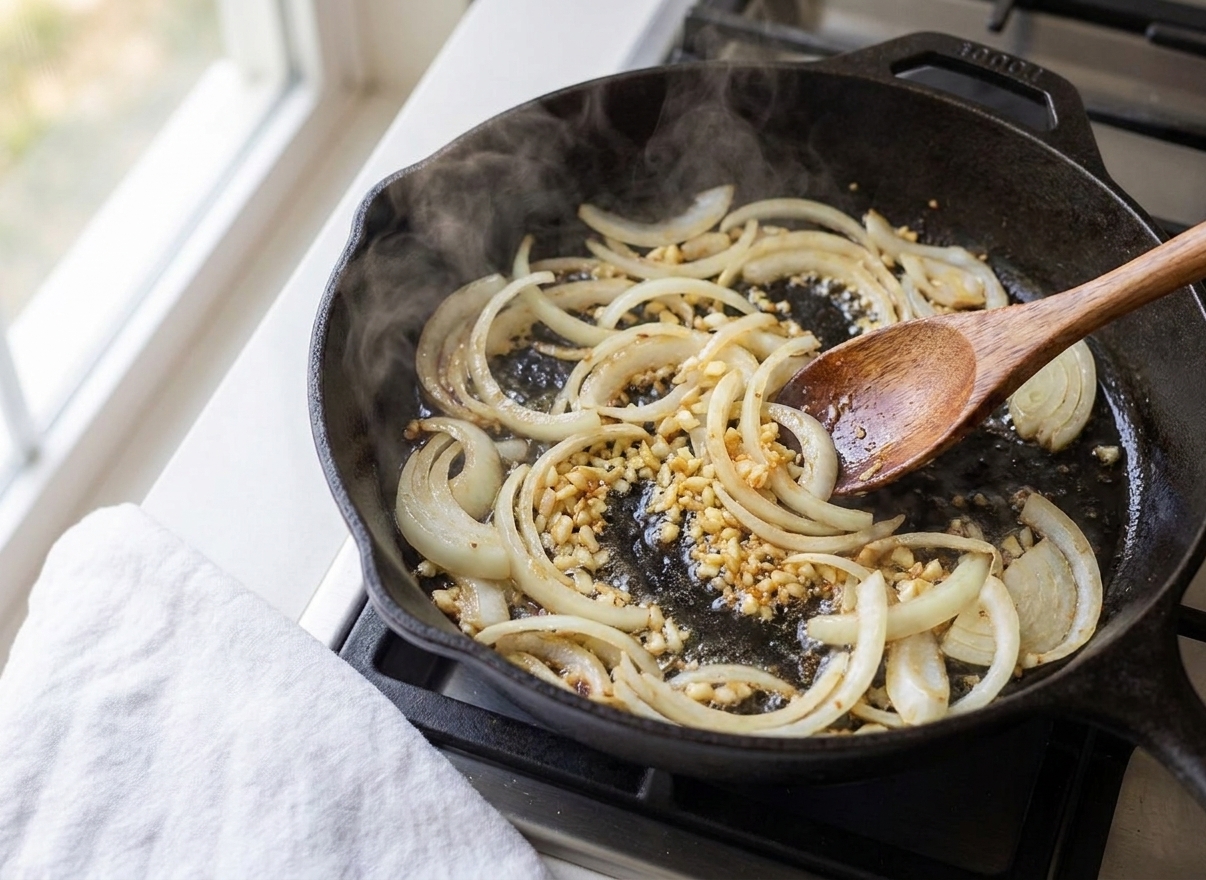 Onion slices and minced garlic sizzling in a deep skillet on a stovetop while a wooden spoon stirs