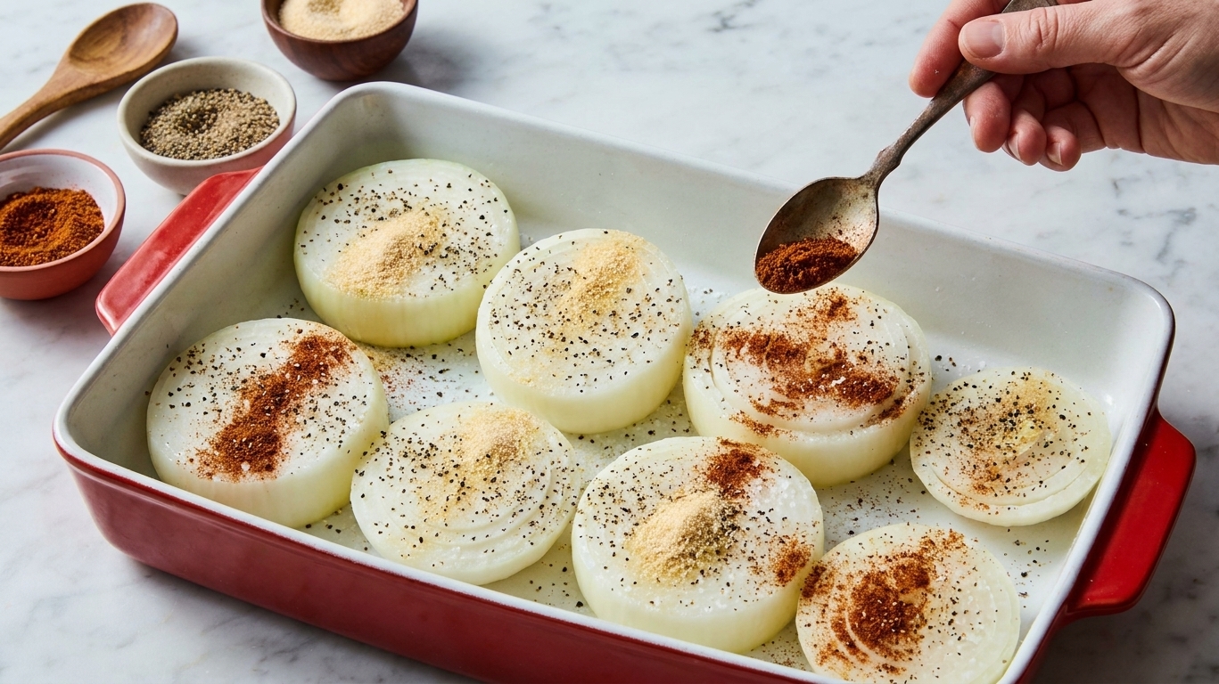 Onion slices in a baking dish sprinkled with salt, pepper, garlic powder, and paprika before adding cheese