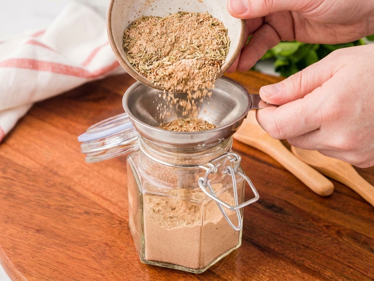 Onion soup mix being poured into a small glass jar using a funnel