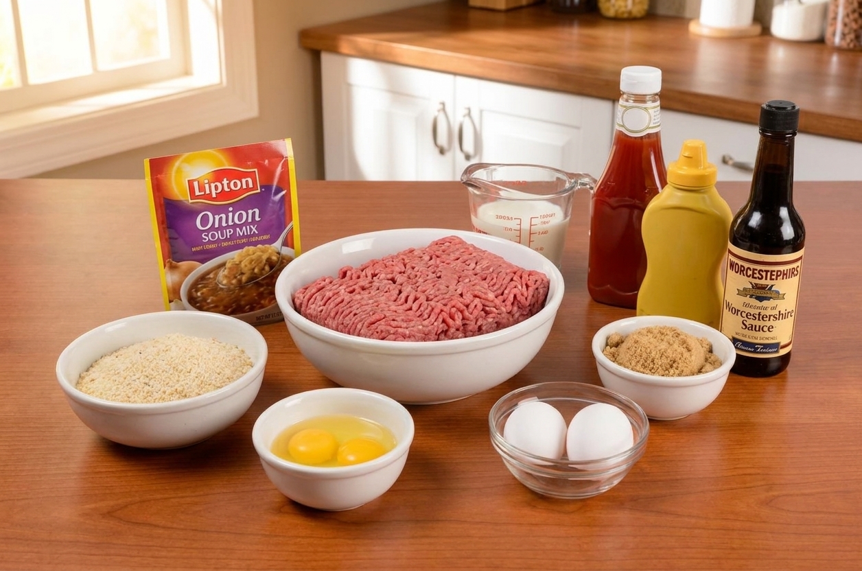 Onion soup mix packet next to bowls of ground beef, breadcrumbs, eggs, milk, ketchup, mustard, brown sugar, and Worcestershire sauce on a consistent kitchen counter