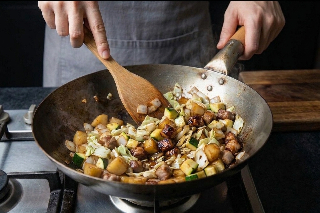 Onion, zucchini, cabbage, and potato sautéing with browned pork in a pan