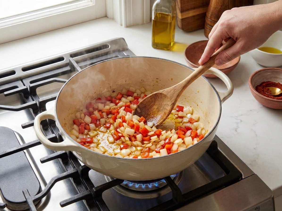 Onions and bell peppers sautéing in a Dutch oven on a stovetop with a wooden spoon stirring