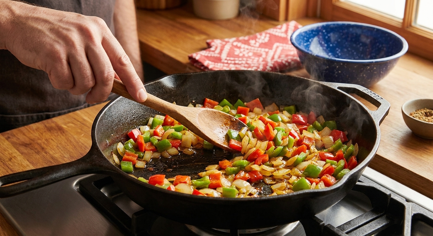 Onions and bell peppers sautéing in a skillet on a stovetop with a wooden spoon stirring