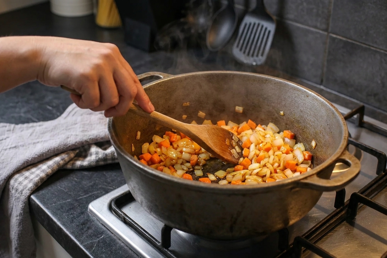 Onions and carrots sautéing in a large soup pot on a stovetop with a wooden spoon